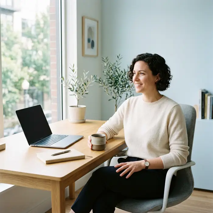 Founder working calmly at bright minimalist desk