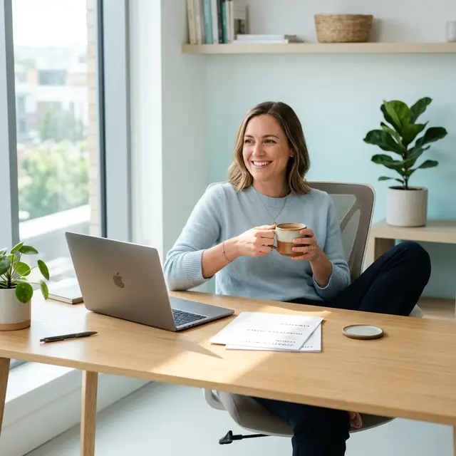 Founder relaxed at bright workspace with clarity