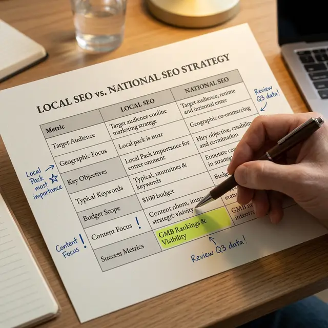 Hand annotating local versus national SEO comparison document
