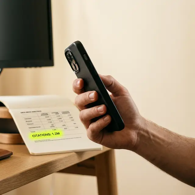 Hand holding smartphone showing AI answer engine interface