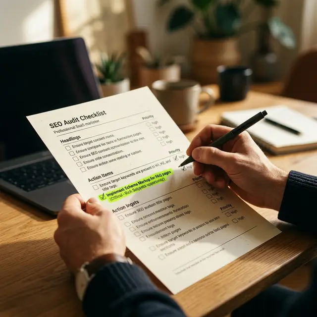 Hands marking priority items on SEO audit checklist