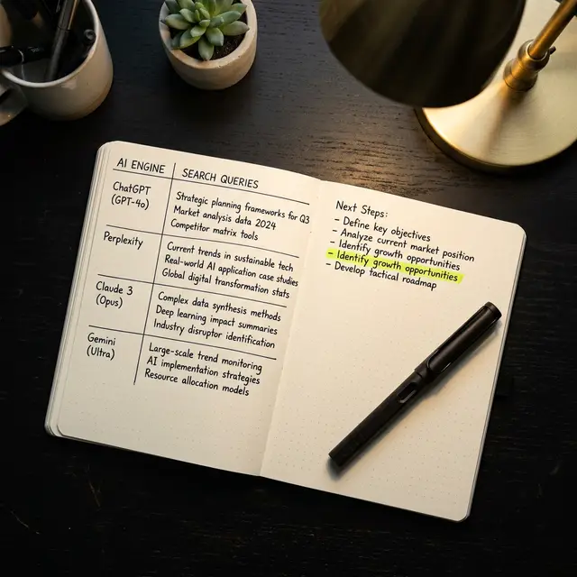 Strategic planning notebook with AI engine queries