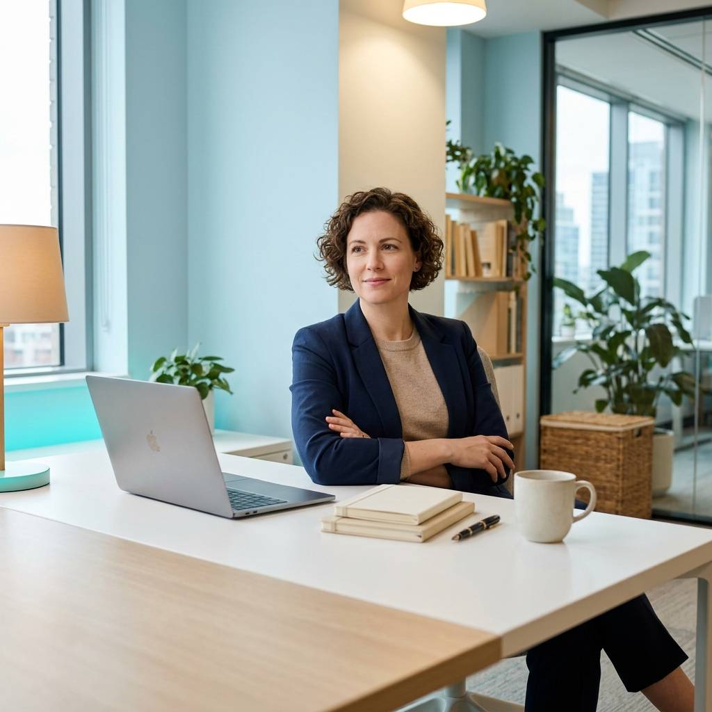 Founder working calmly at bright minimal desk