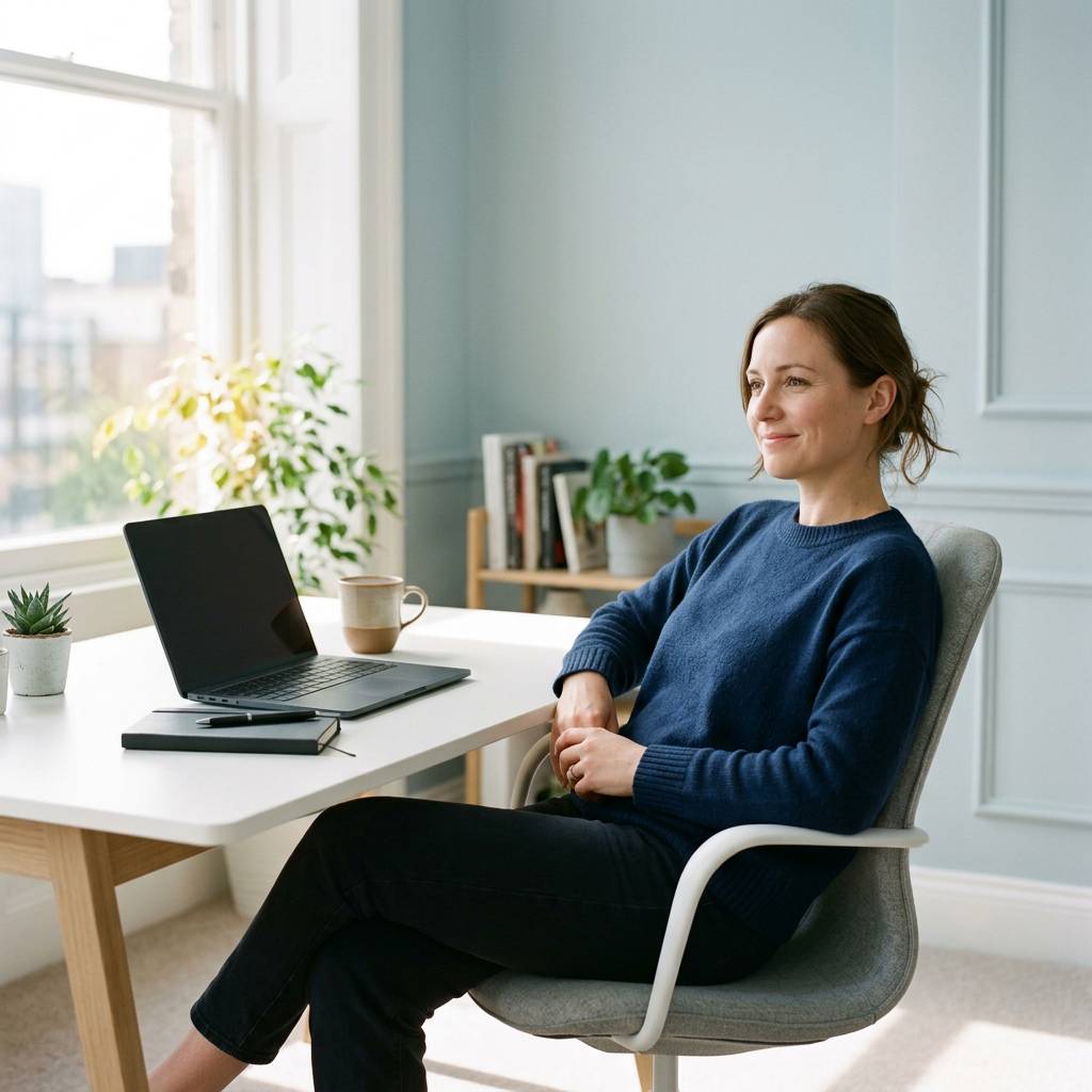 Founder relaxed at bright workspace, research handled