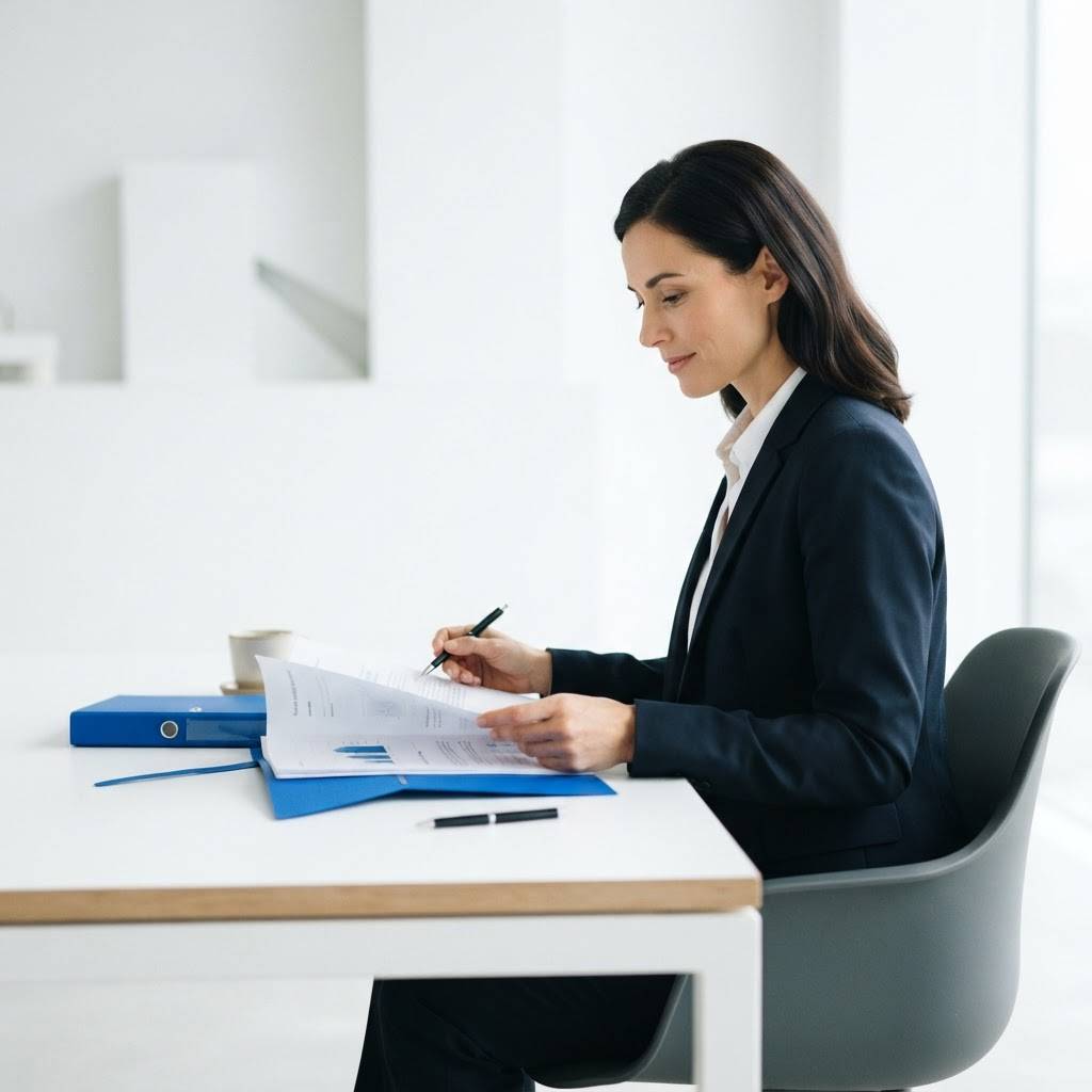 Professional executive reviewing a document in a clean office