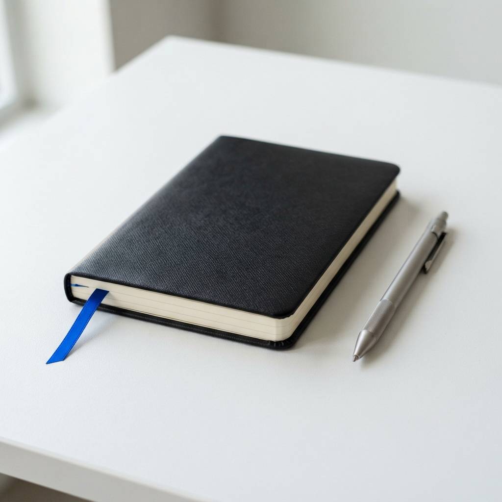 Professional notebook and pen on a clean white desk
