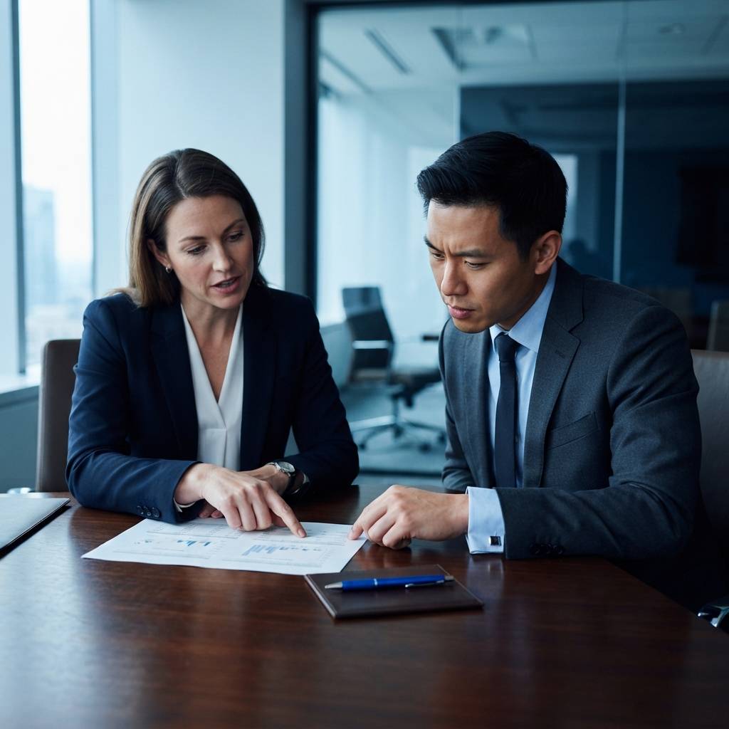 Two professionals reviewing a performance agreement in a modern office.