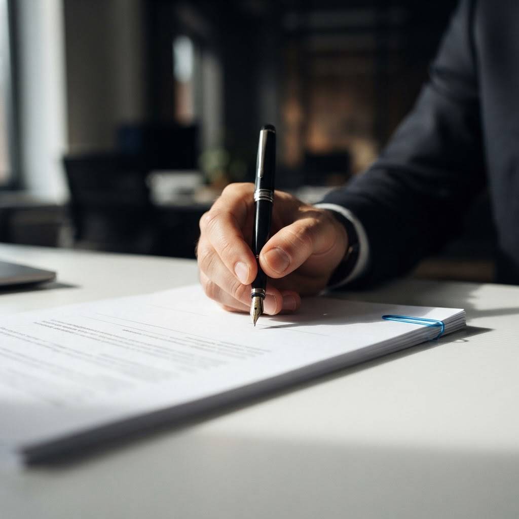 Professional signing a service contract at a clean desk