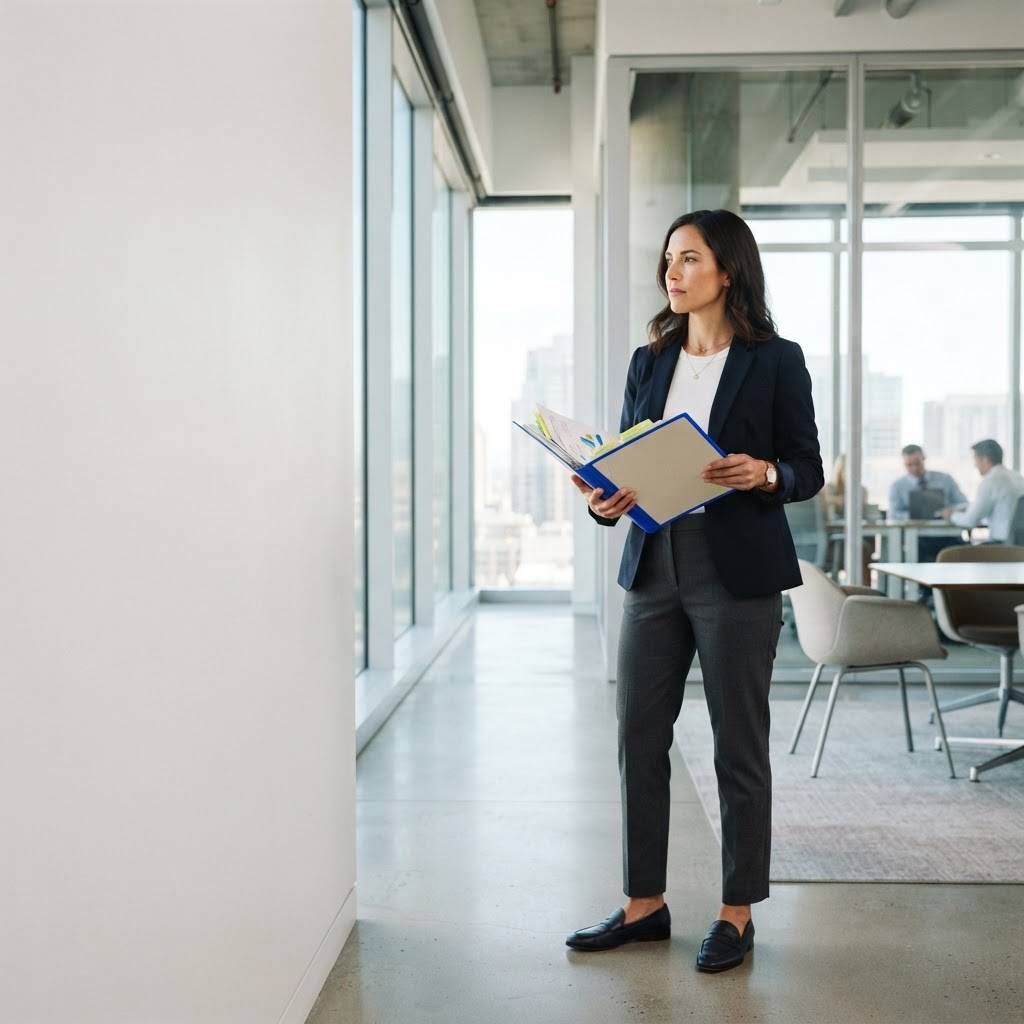 Professional holding a blue-trimmed folder in an office