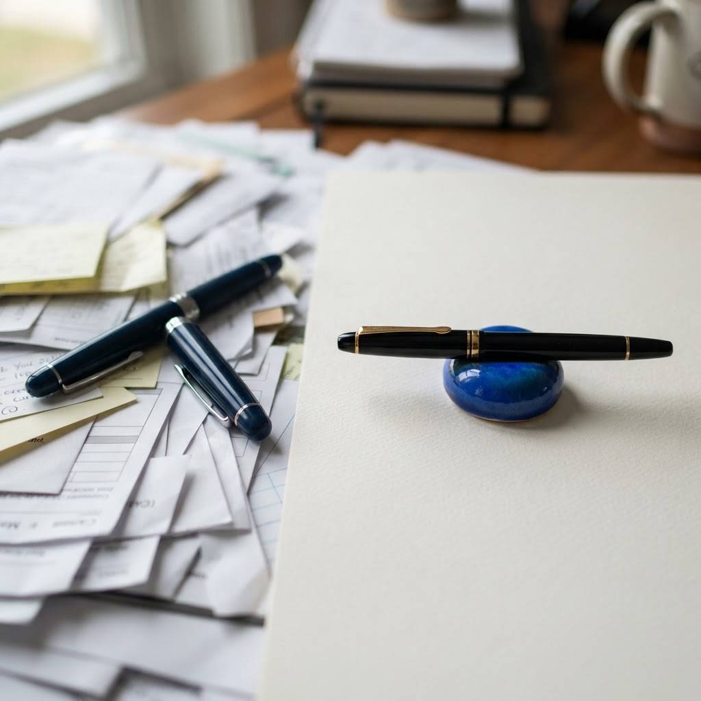 Two fountain pens on a desk with a blue paperweight