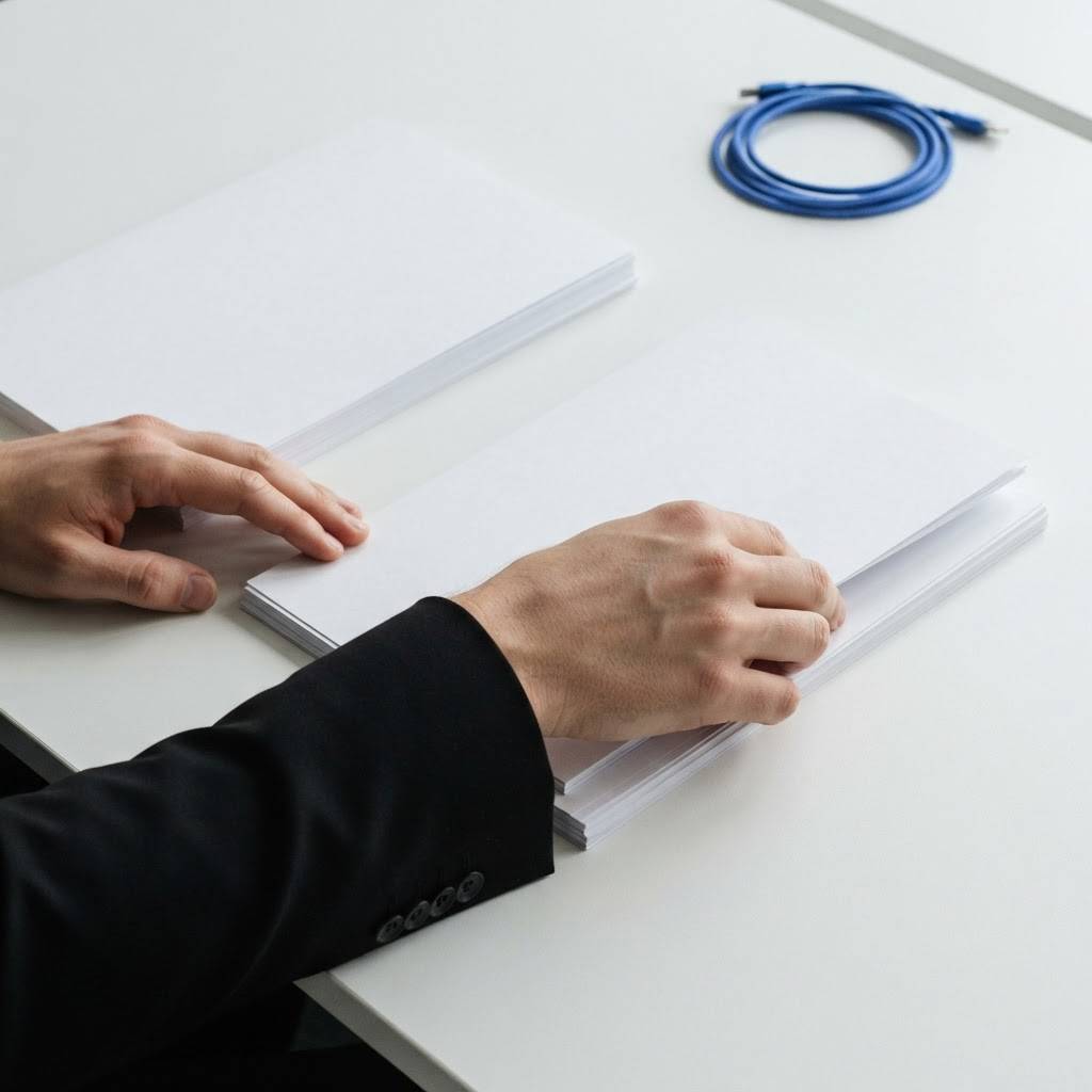 Strategist organizing documents representing different marketing project timelines