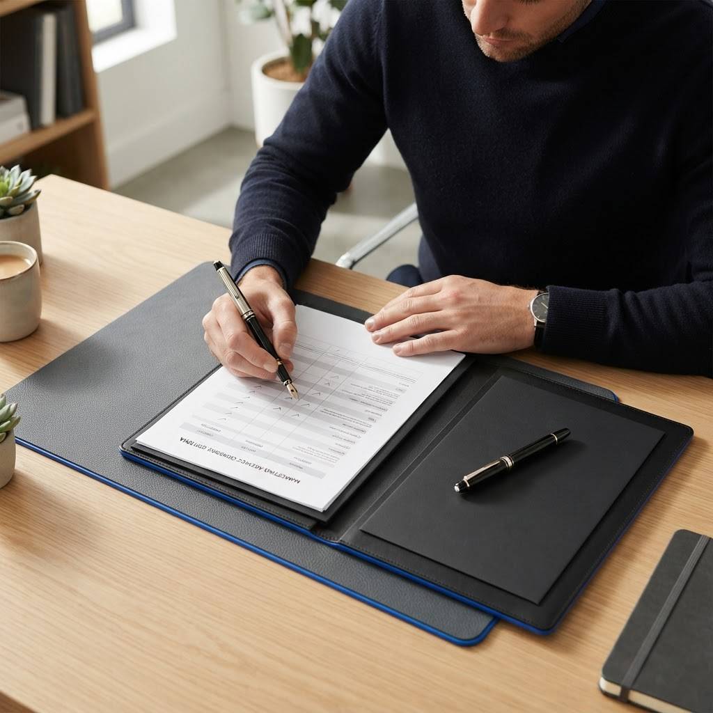 B2B professional evaluating marketing service criteria at a desk