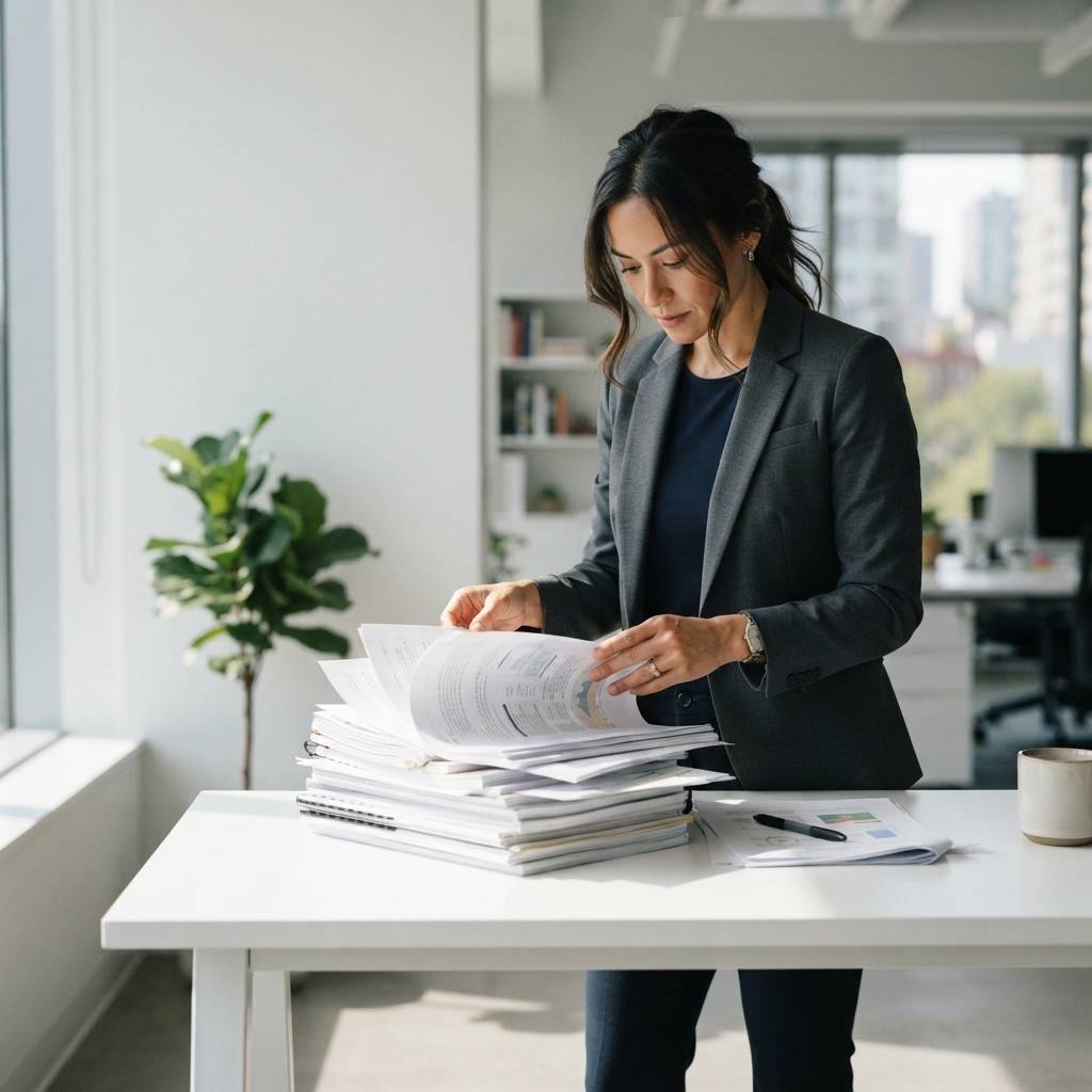 B2B strategist reviewing content documents in a clean office