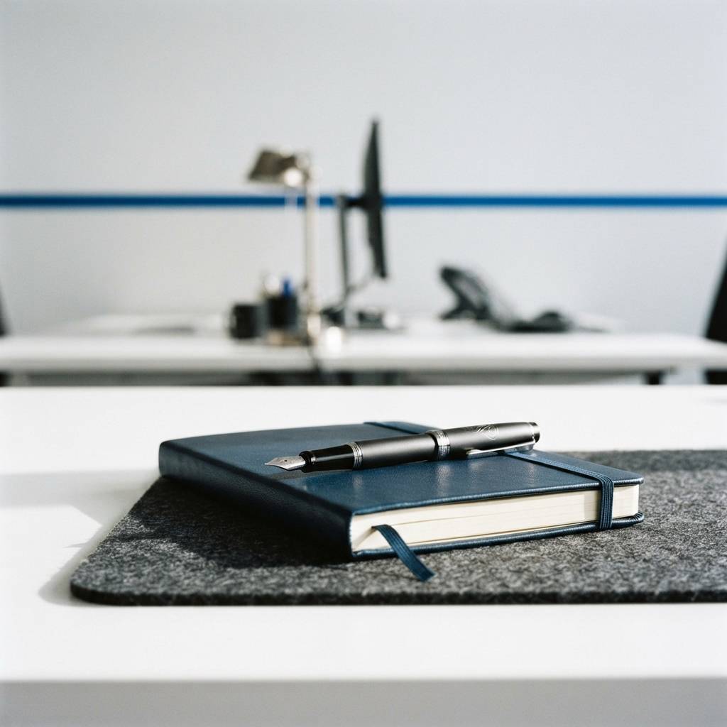 Professional desk with notebook and fountain pen