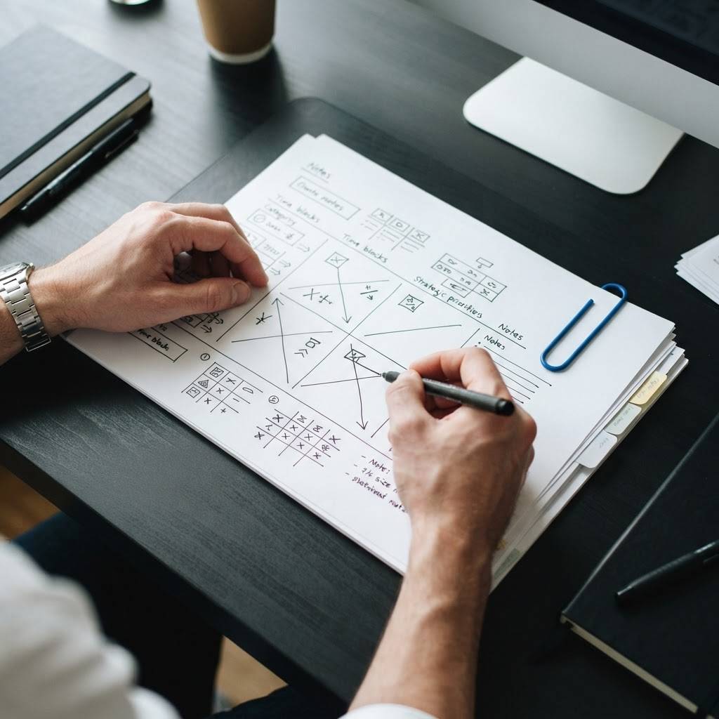 Professional hands organizing strategic notes on a desk