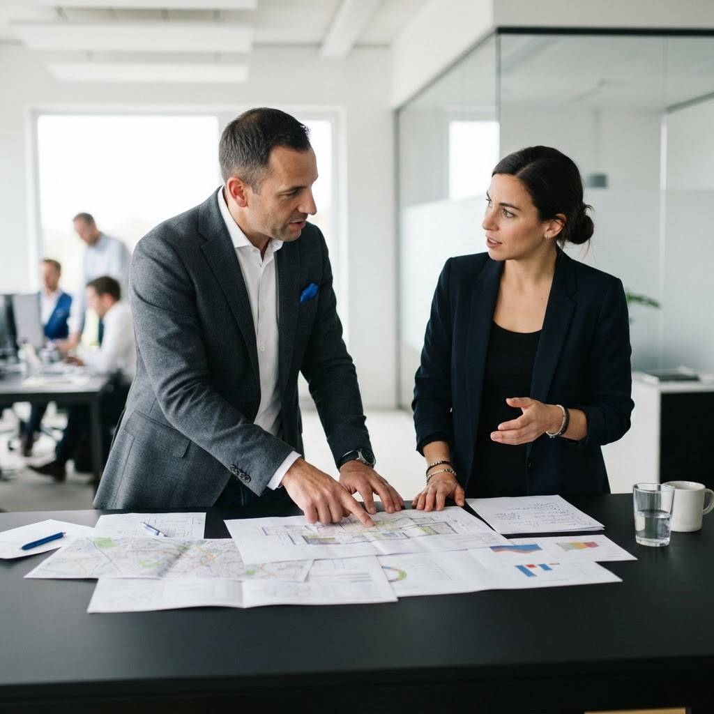 Professional partners collaborating over business documents in a modern office