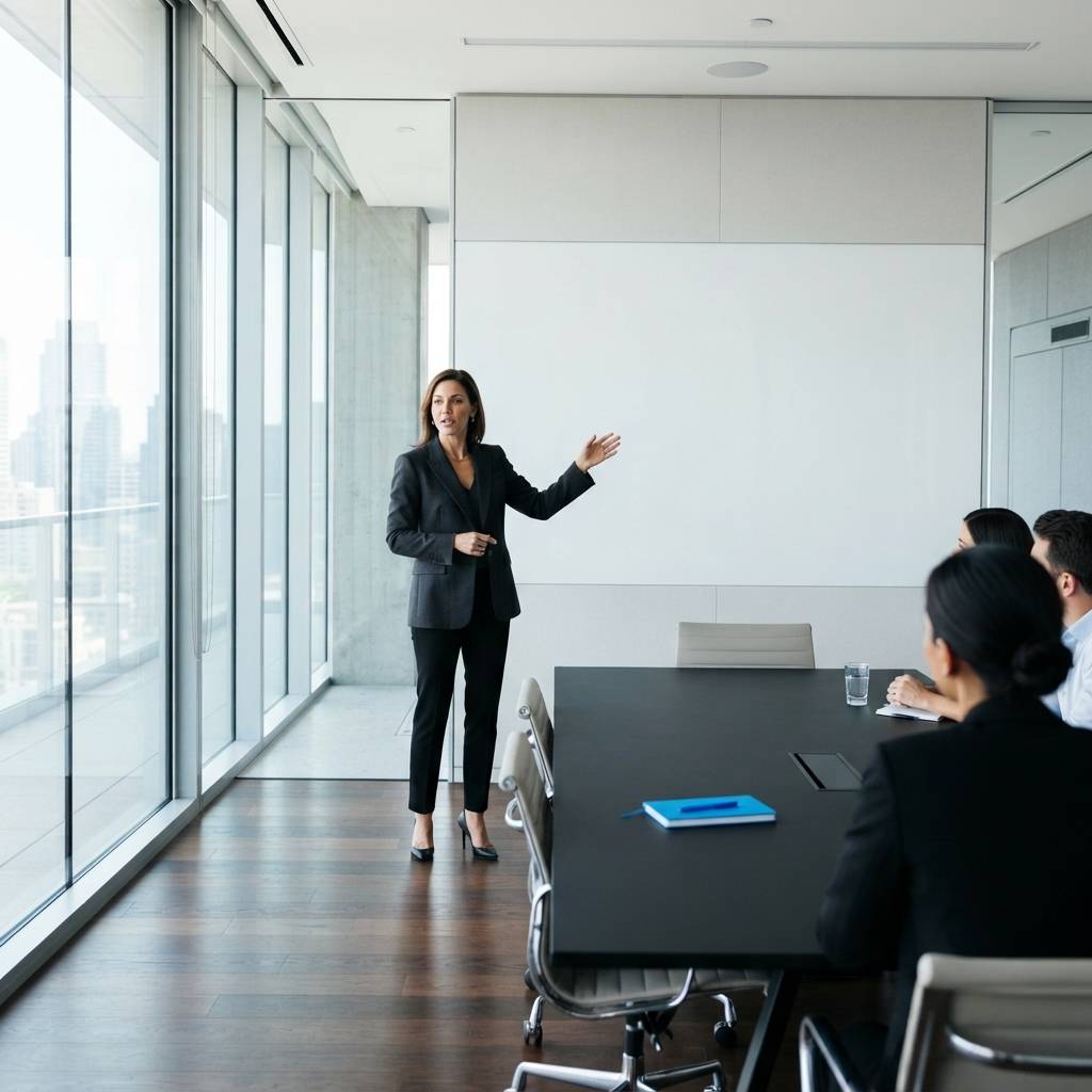 Professional strategist standing in a modern office boardroom