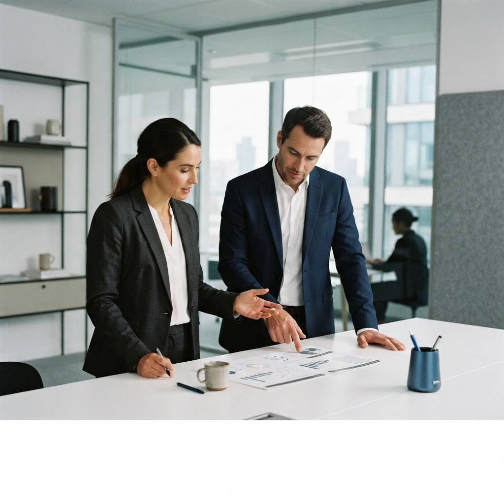 Two professionals in a modern office collaborating on strategy