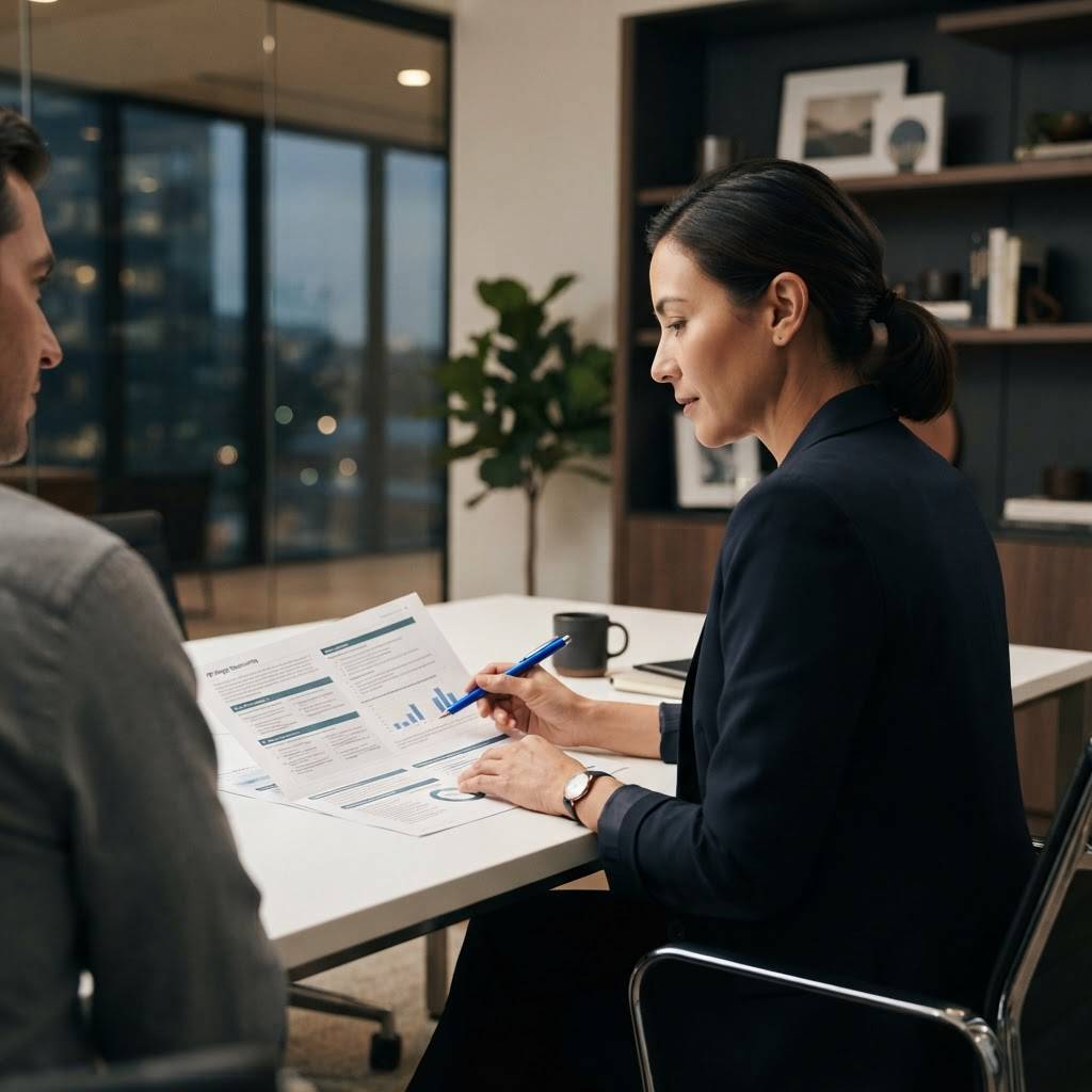 Marketing leader reviewing strategy documents at a desk