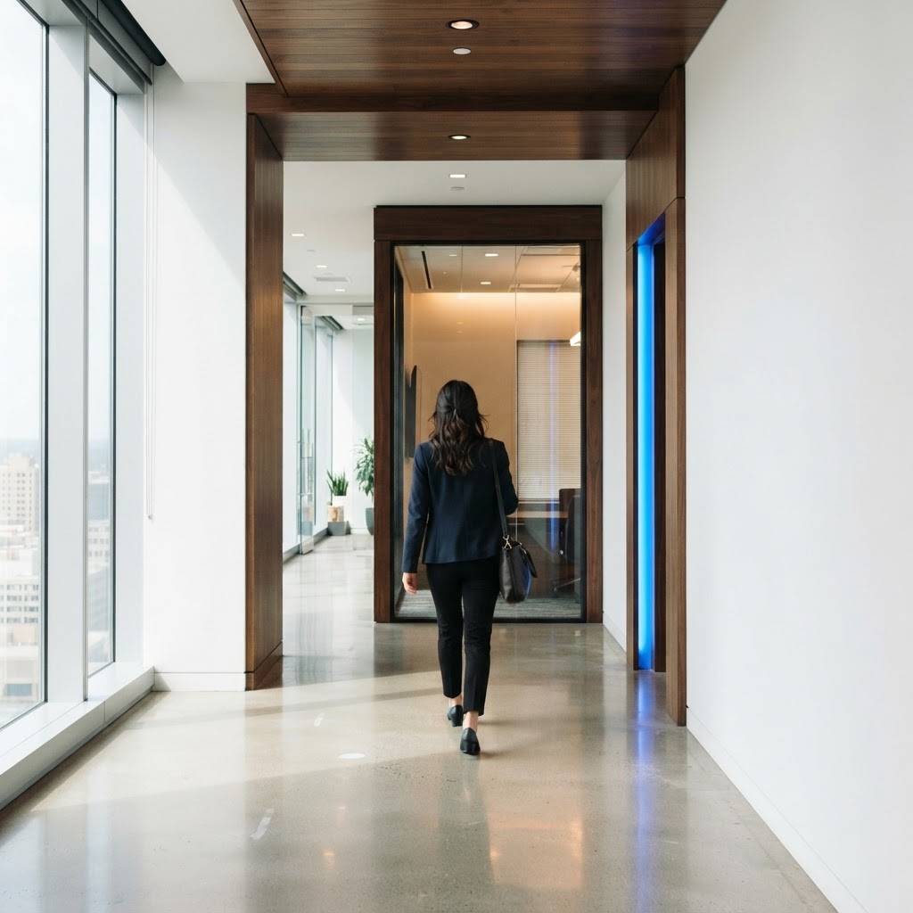 Professional walking through a minimalist modern office