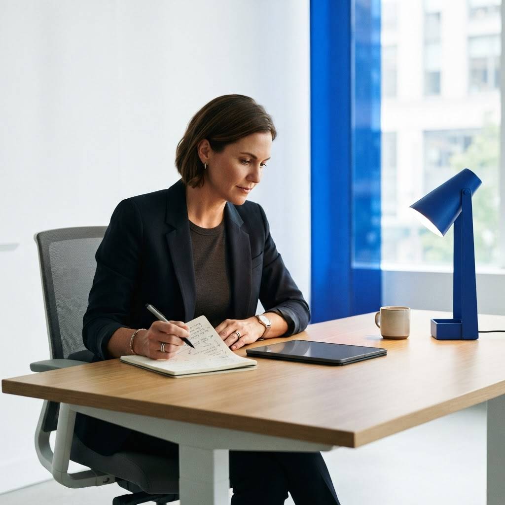 Marketing strategist reviewing buyer research at a clean desk