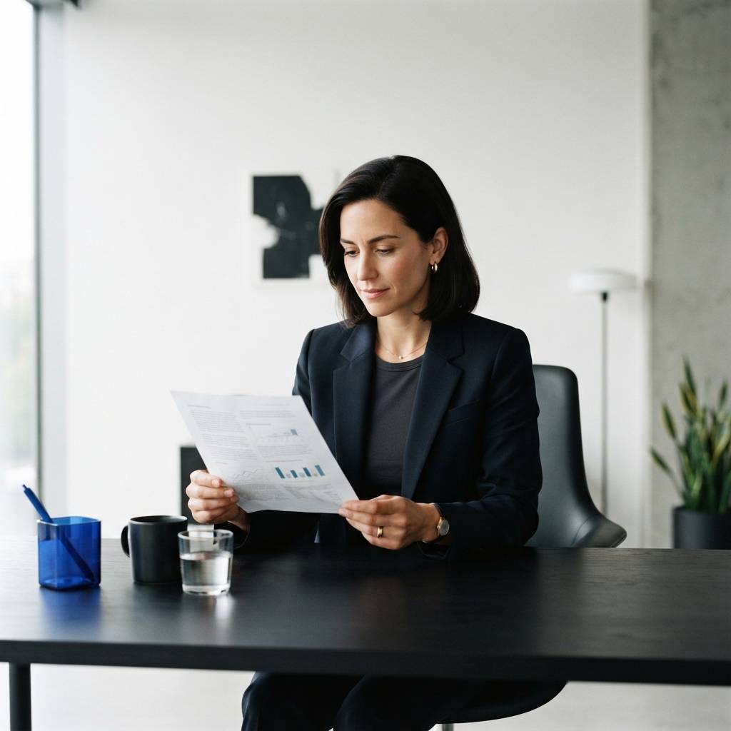 Professional reviewing strategy documents in a modern office