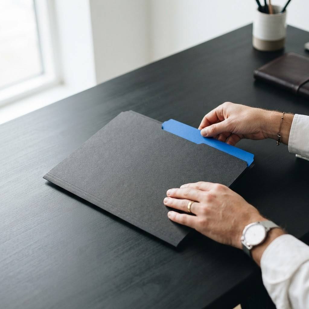 Hands placing a professional strategy folder on a desk