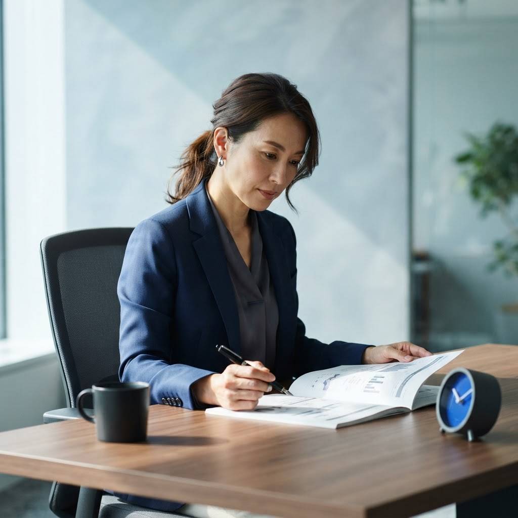 Professional strategist reviewing marketing plans in a modern office