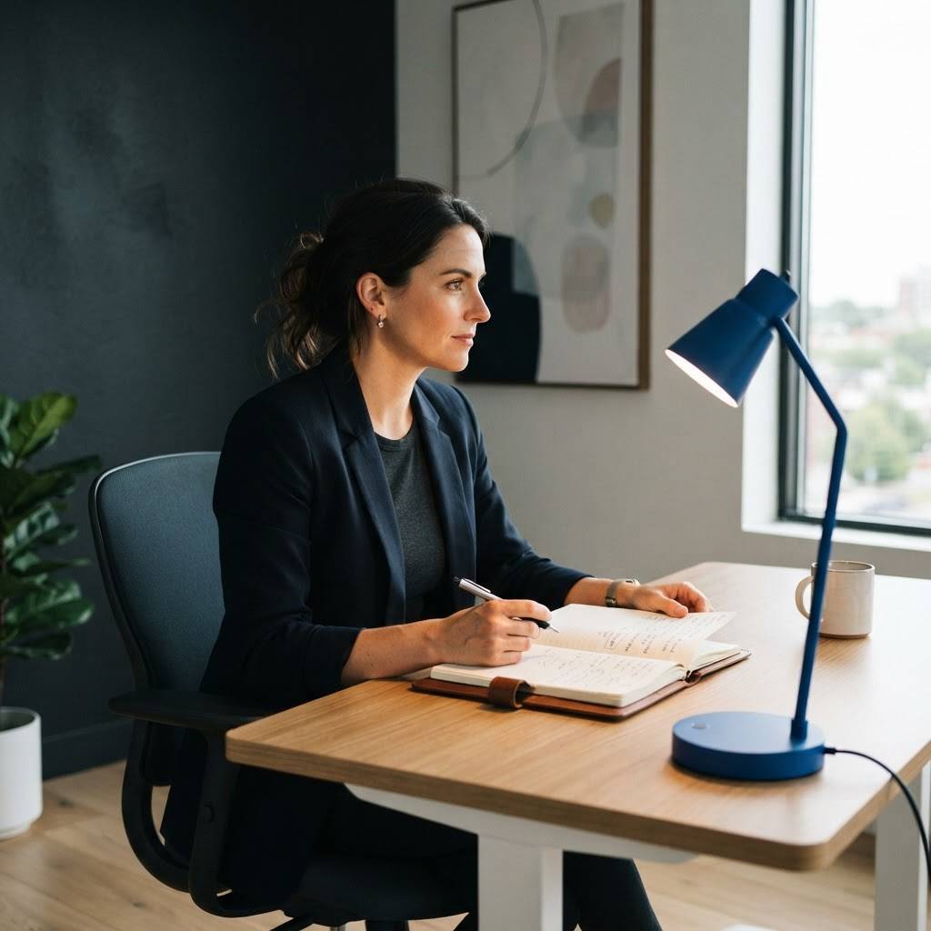 B2B SaaS founder thoughtfully reviewing business strategy