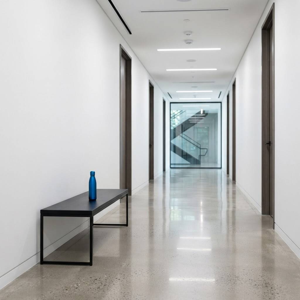 Minimalist office interior with a blue water bottle