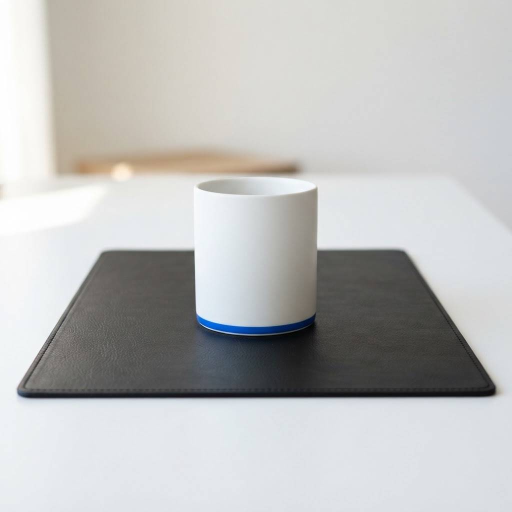 A single minimalist mug on a dark leather desk pad in a professional office setting
