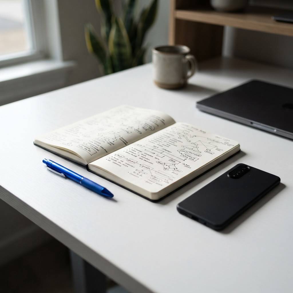 Professional workspace with notes and face down phone