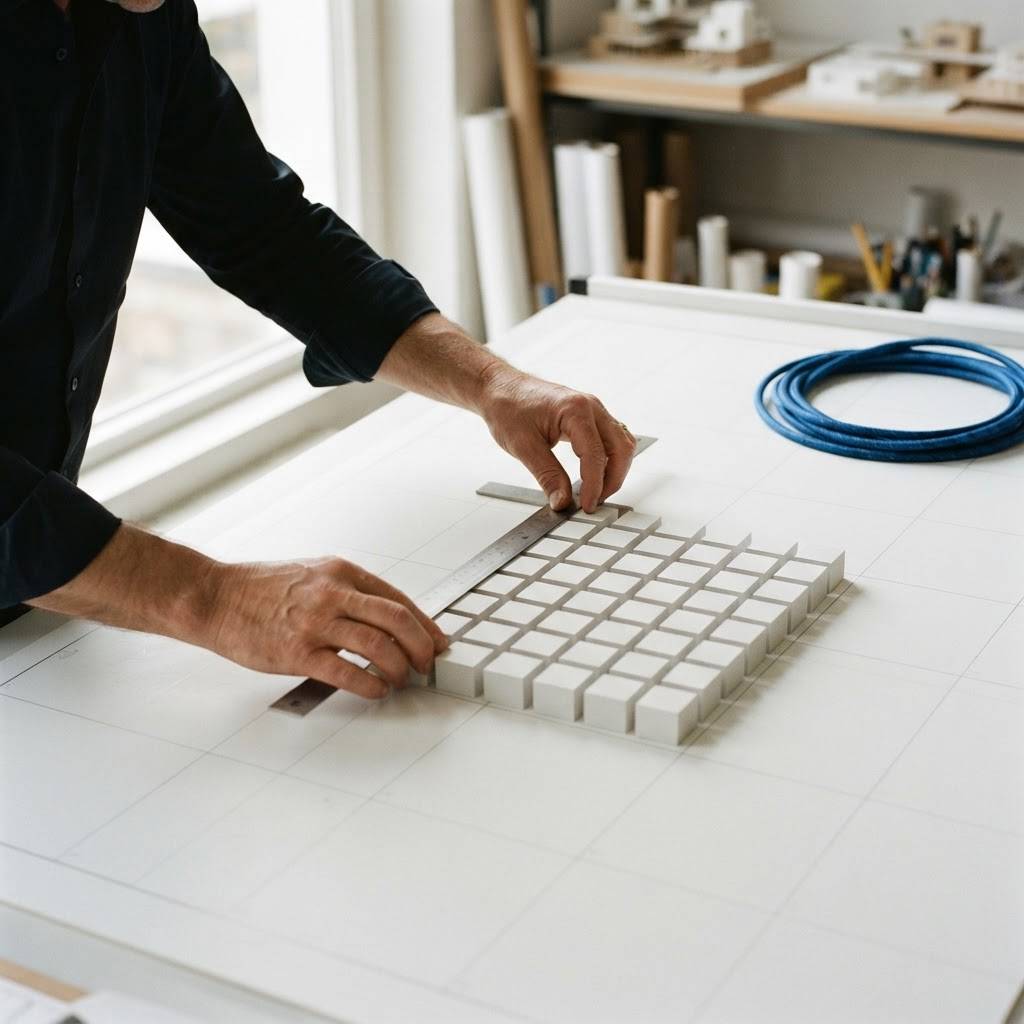 Hands arranging white blocks on a drafting board