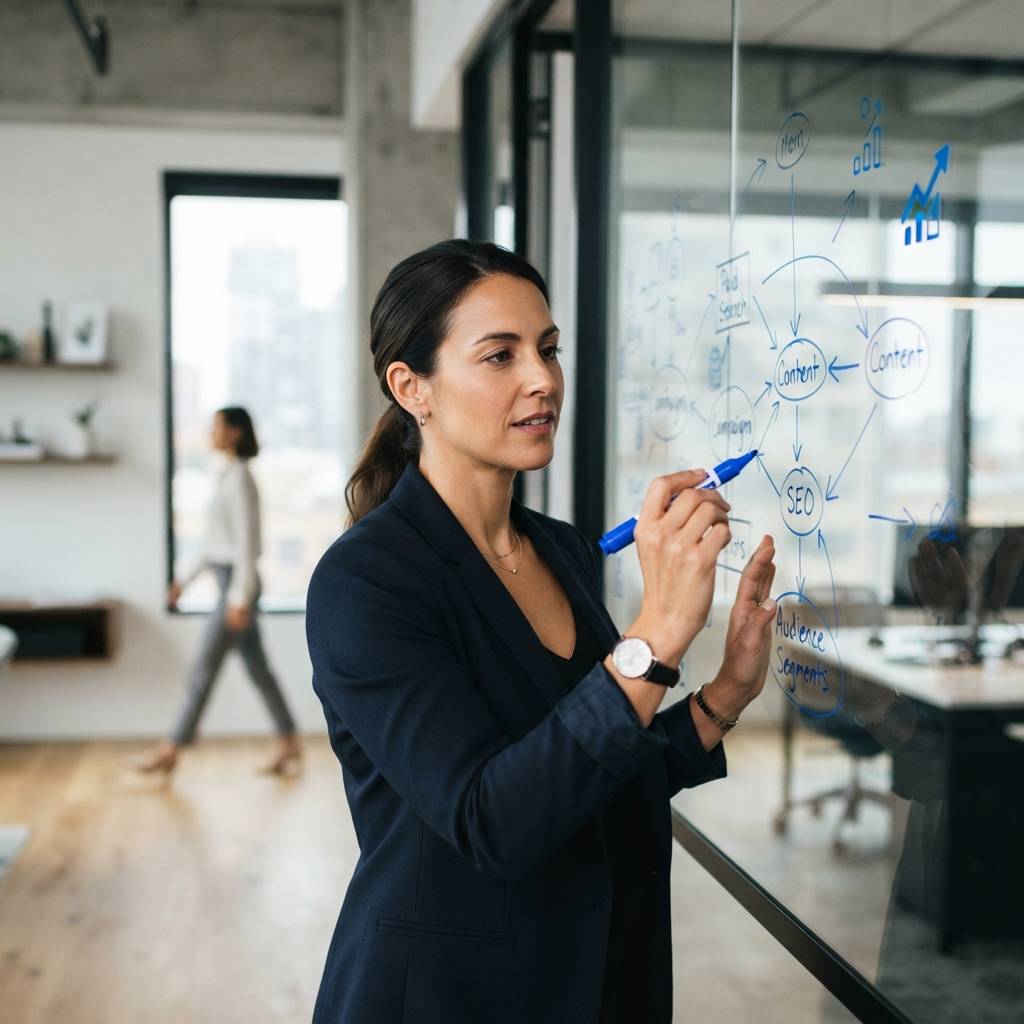 Marketing leader planning search strategy on a glass board