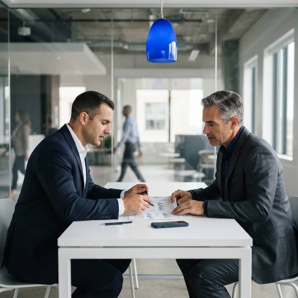 Two executives planning strategy in a clean modern office
