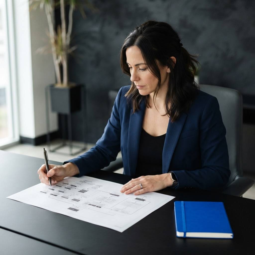 Strategist reviewing architectural site documentation in a professional office