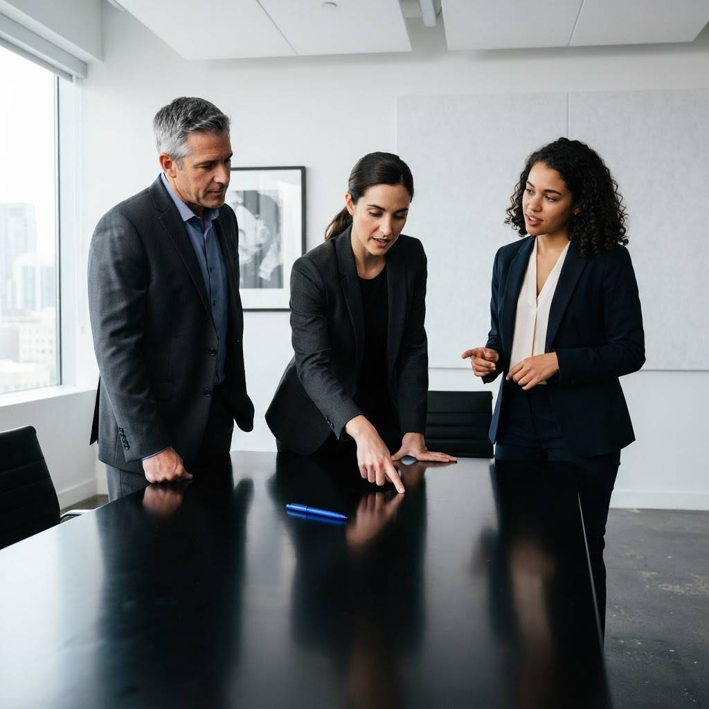 A diverse team collaborating in a professional strategy meeting
