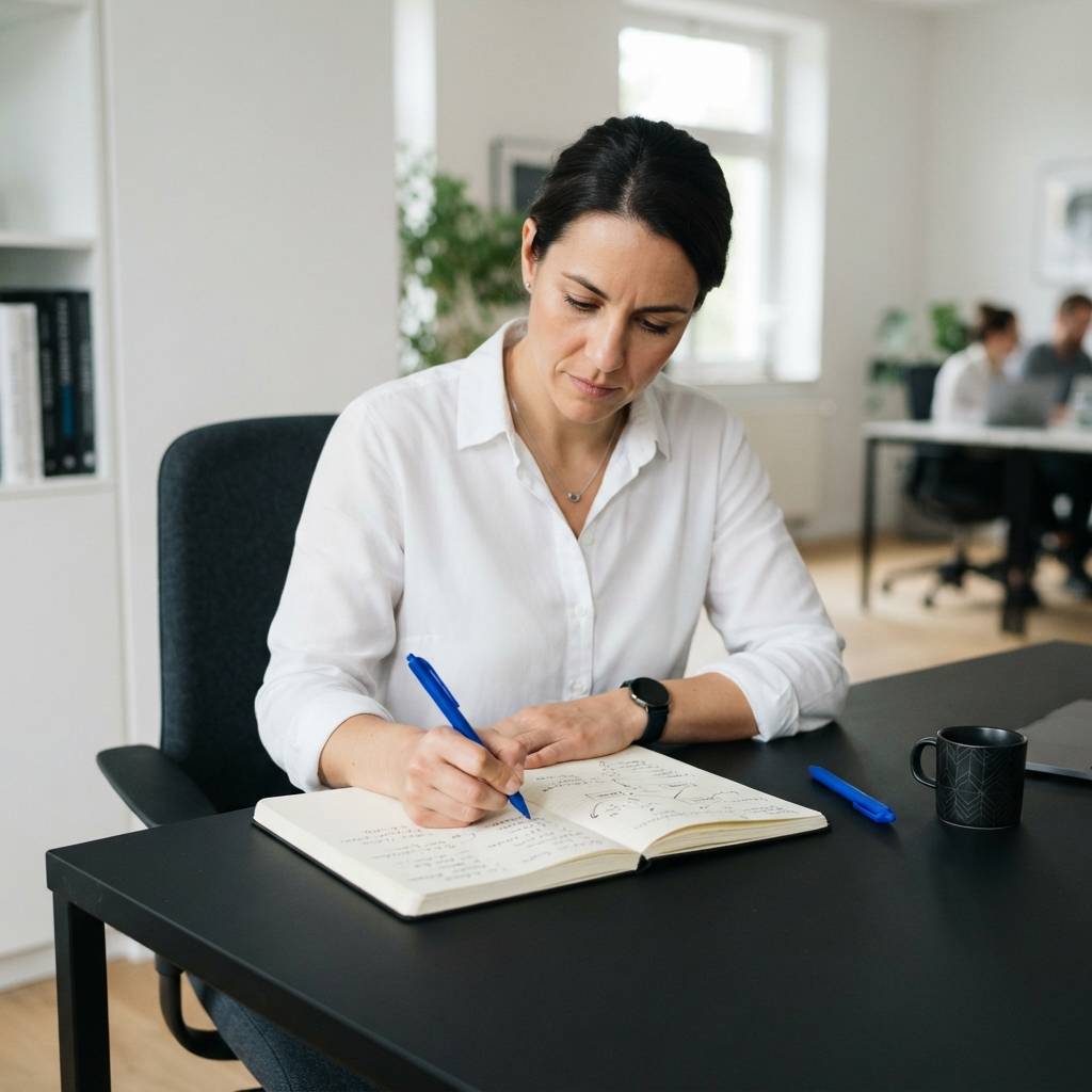Professional strategist planning content in a modern office