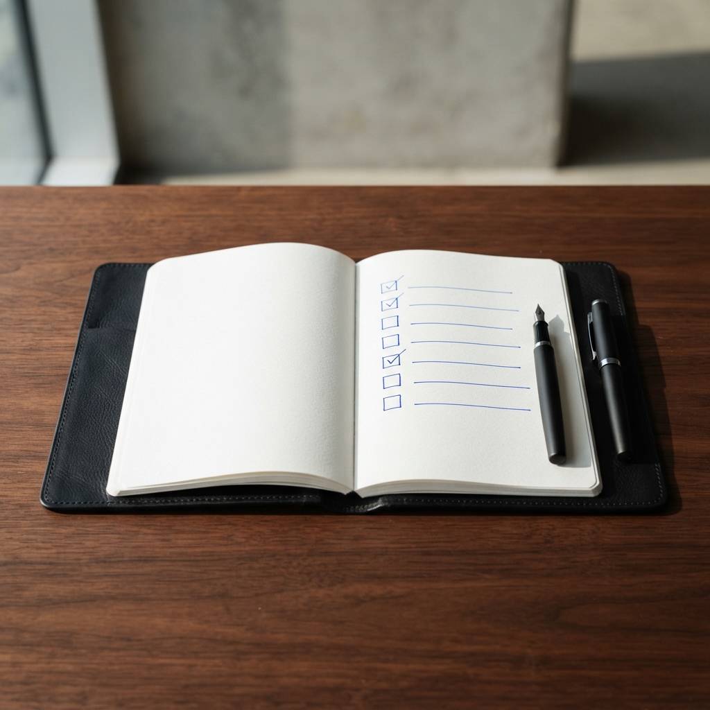 A pen and notebook on a clean desk