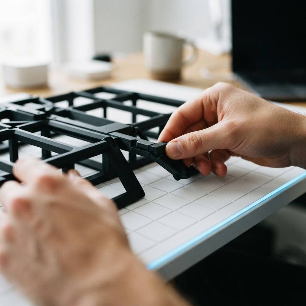 Close up of hands placing a structural piece into a model representing strategy