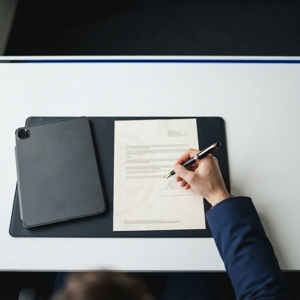 Professional hand holding a pen over a document on a clean desk
