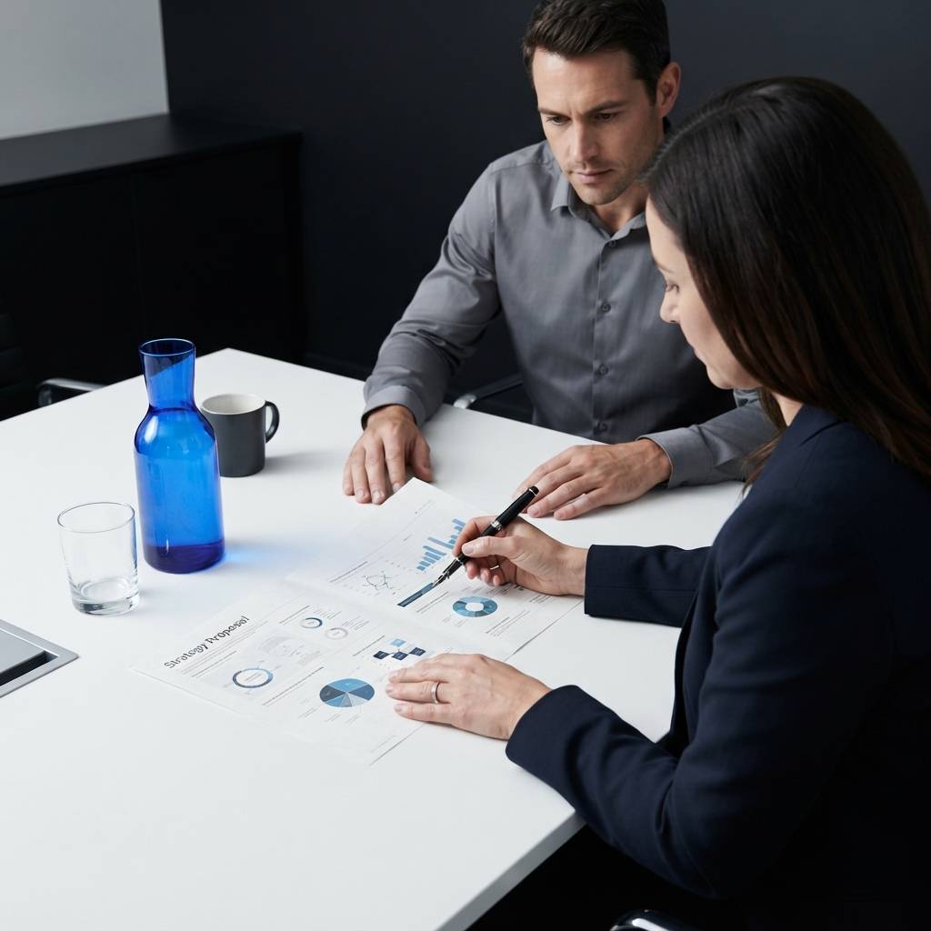Two professionals reviewing a strategy document in a minimal office