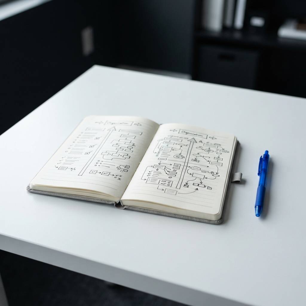Professional desk setup with a contrast sketch of citations versus traffic