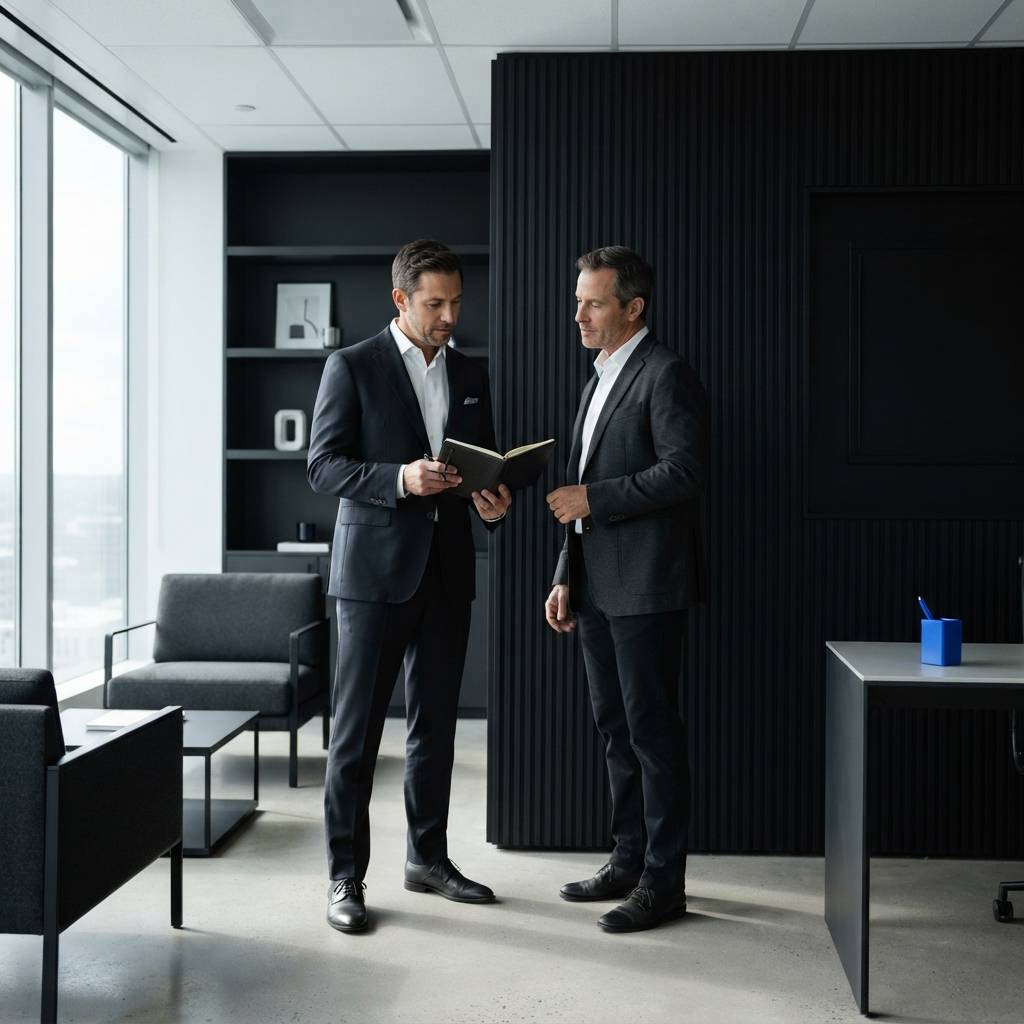 Two executives in a modern office having a strategic meeting