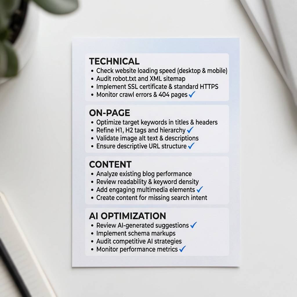 SEO checklist dashboard with categorized audit items