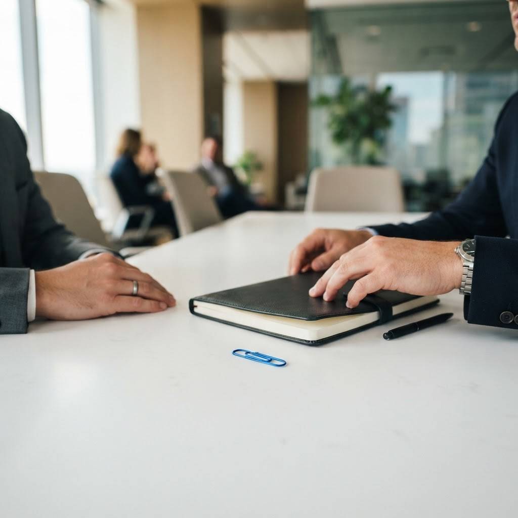 Hands on a white desk with a near-black notebook