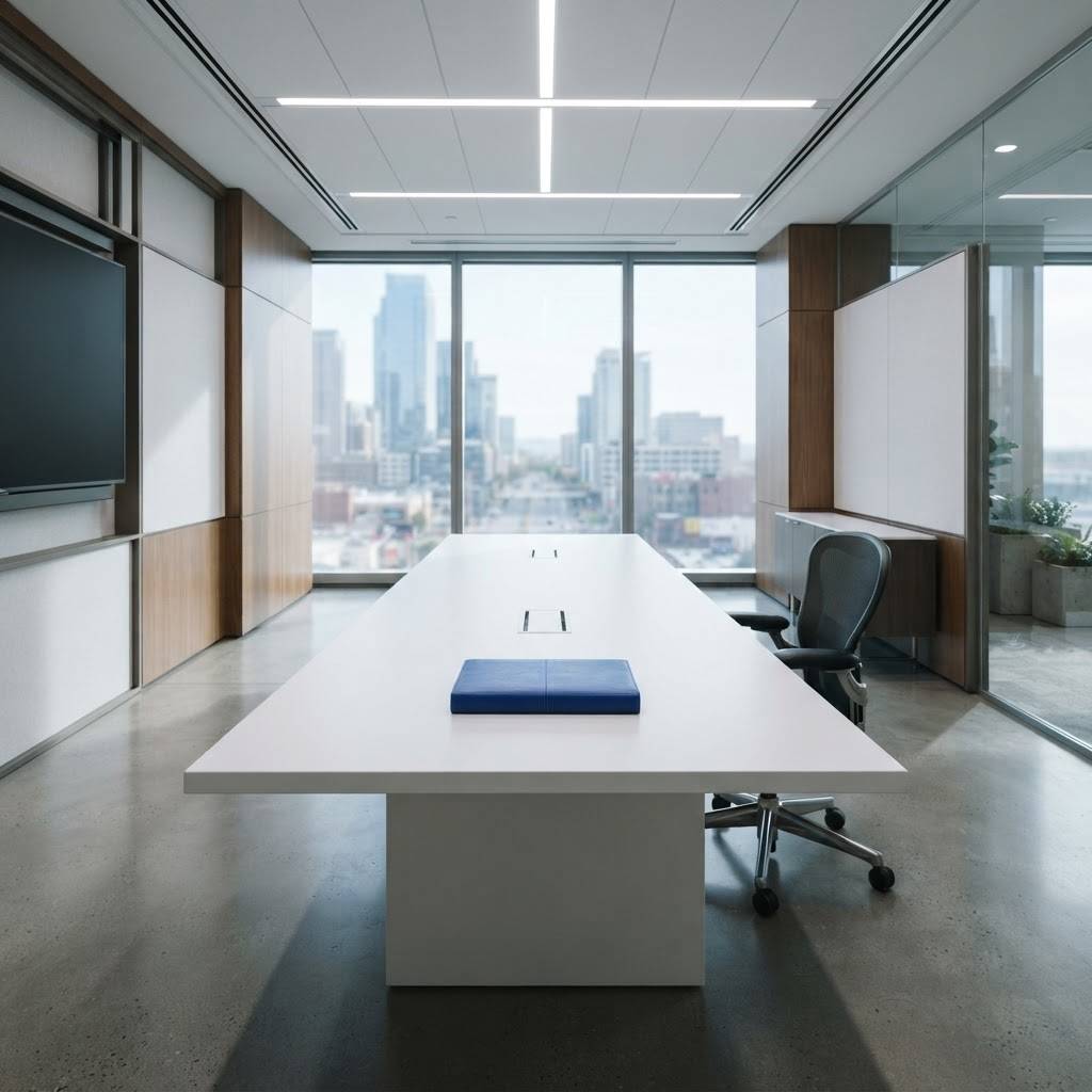 An empty modern boardroom with a blue folder on the table