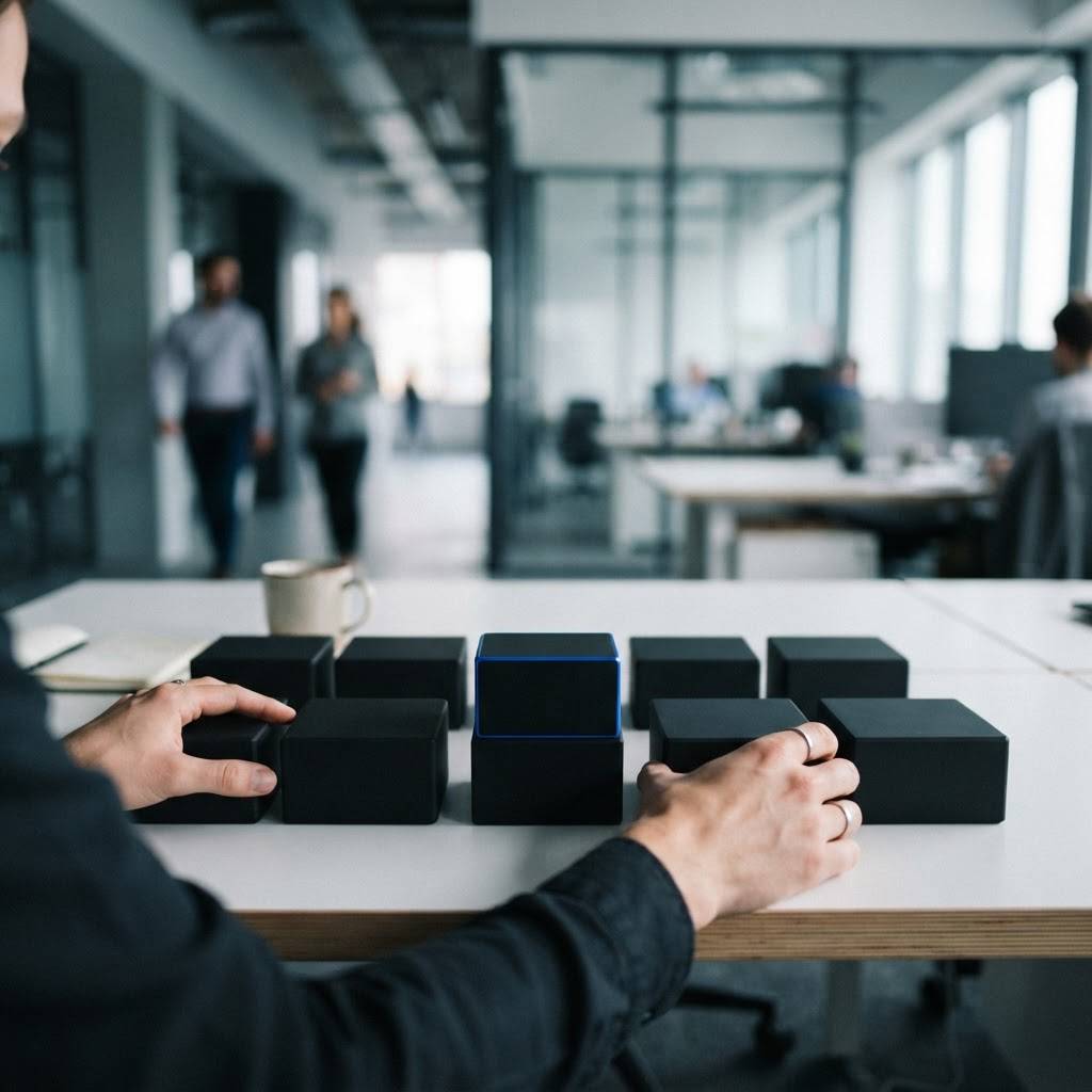 A professional organizing content strategy blocks on a desk