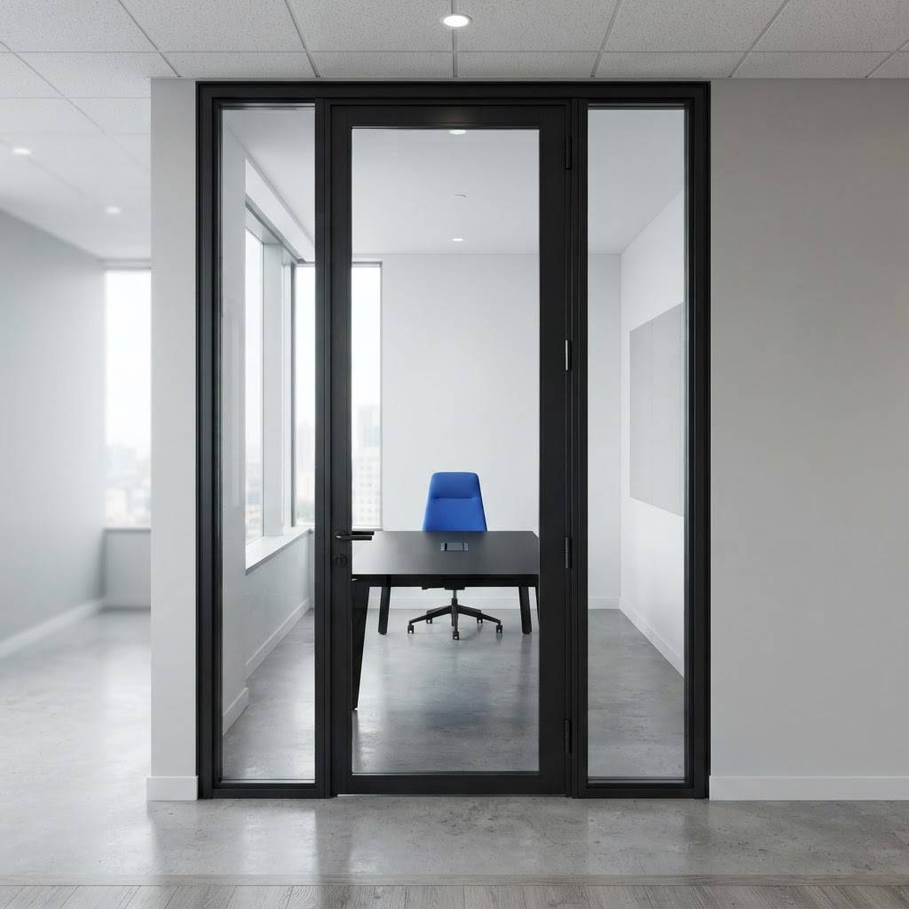 Minimalist office interior with a single electric blue chair