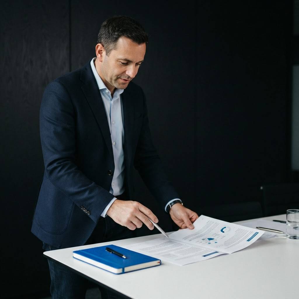 B2B strategist reviewing a professional document